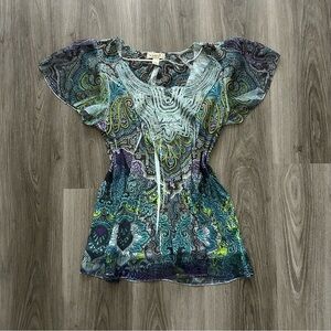 Emerald Sheer Paisley Flutter Sleeve Blouse - Teal, Purple, Lime